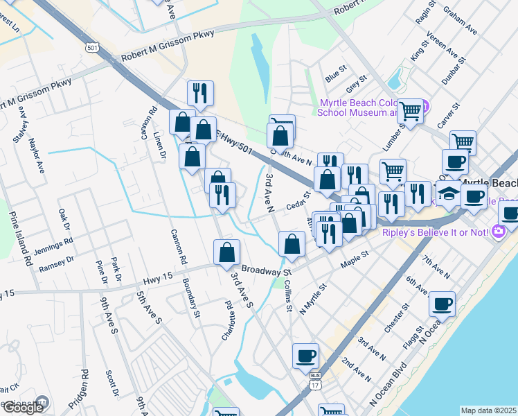 map of restaurants, bars, coffee shops, grocery stores, and more near 209 Cedar Street in Myrtle Beach