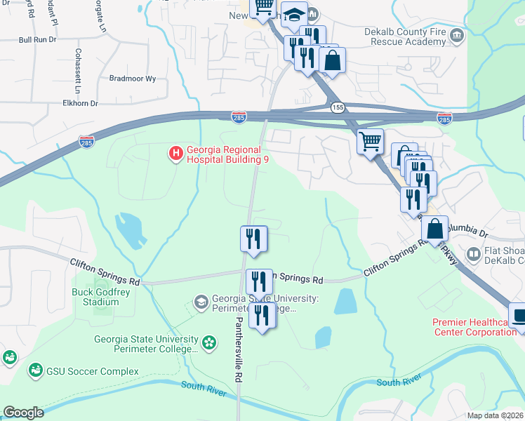 map of restaurants, bars, coffee shops, grocery stores, and more near 3130 Panthersville Road in Decatur