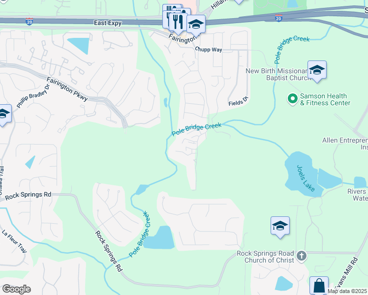 map of restaurants, bars, coffee shops, grocery stores, and more near 5898 Par 3 Way in Stonecrest