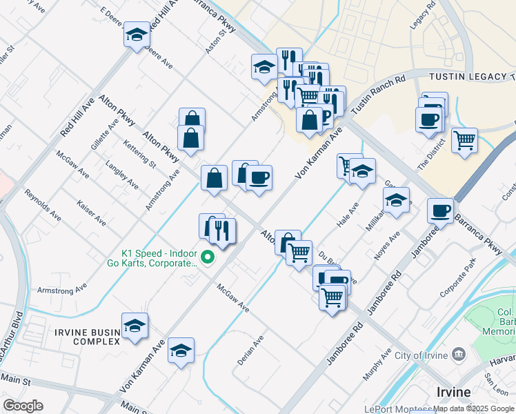 map of restaurants, bars, coffee shops, grocery stores, and more near 16969 Von Karman Avenue in Irvine
