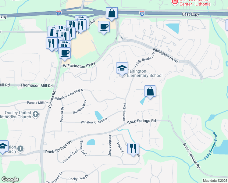 map of restaurants, bars, coffee shops, grocery stores, and more near 3078 Herscu Way in Stonecrest