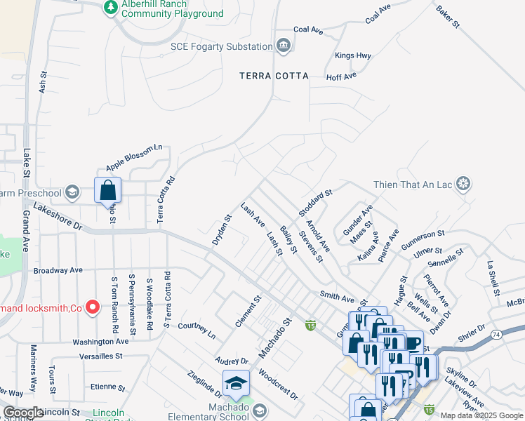 map of restaurants, bars, coffee shops, grocery stores, and more near 16427 Bailey Street in Lake Elsinore