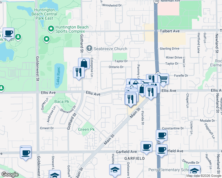 map of restaurants, bars, coffee shops, grocery stores, and more near 7612 Appleby Drive in Huntington Beach