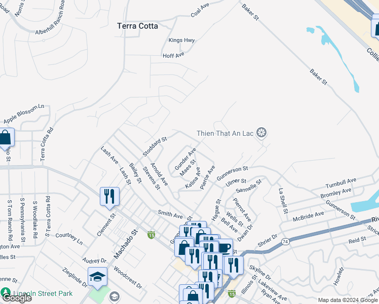 map of restaurants, bars, coffee shops, grocery stores, and more near 29315 Gunder Avenue in Lake Elsinore