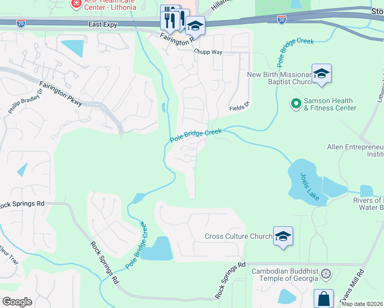 map of restaurants, bars, coffee shops, grocery stores, and more near 5304 Par 4 Way in Stonecrest