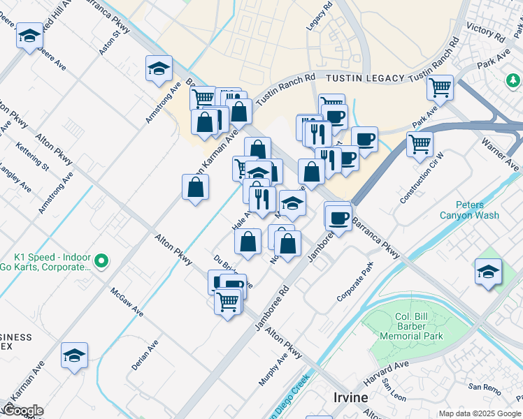 map of restaurants, bars, coffee shops, grocery stores, and more near 16691 Hale Avenue in Irvine