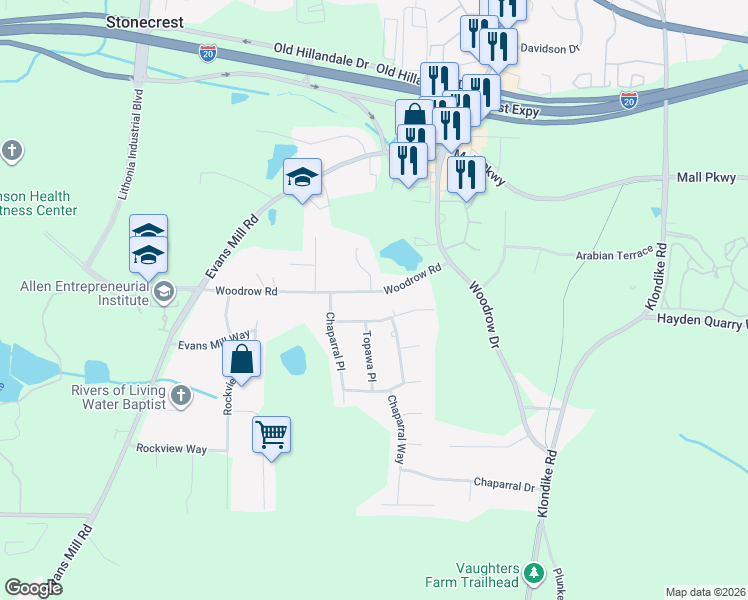 map of restaurants, bars, coffee shops, grocery stores, and more near 6558 Woodrow Road in Stonecrest