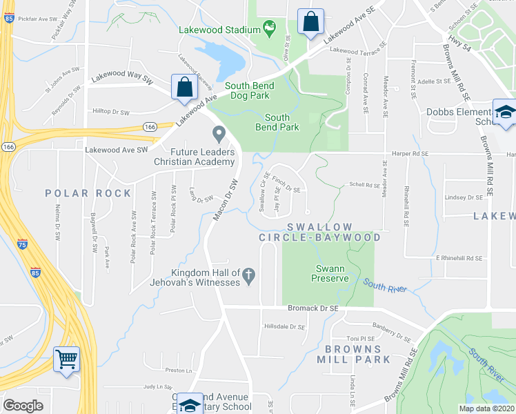map of restaurants, bars, coffee shops, grocery stores, and more near 2290 Swallow Circle Southeast in Atlanta