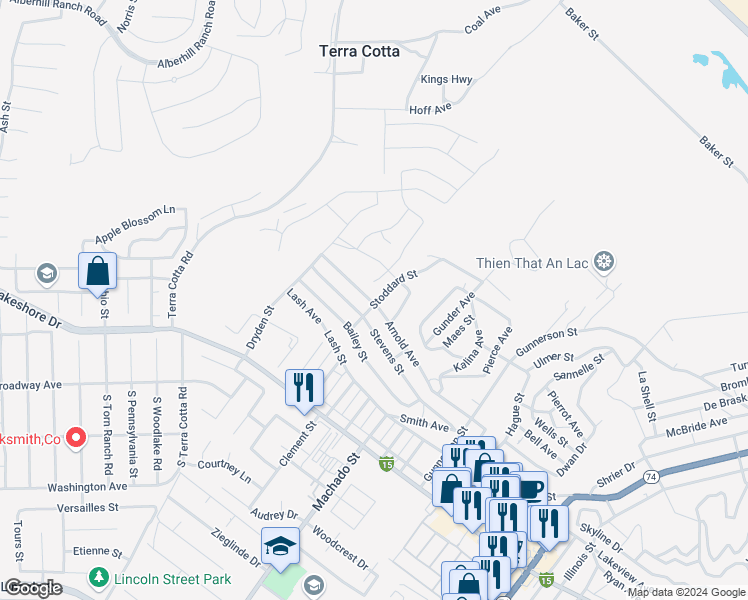 map of restaurants, bars, coffee shops, grocery stores, and more near in Lake Elsinore