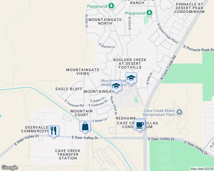 map of restaurants, bars, coffee shops, grocery stores, and more near 22827 North 21st Way in Phoenix