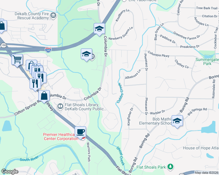 map of restaurants, bars, coffee shops, grocery stores, and more near 3096 Springside Crossing in Decatur