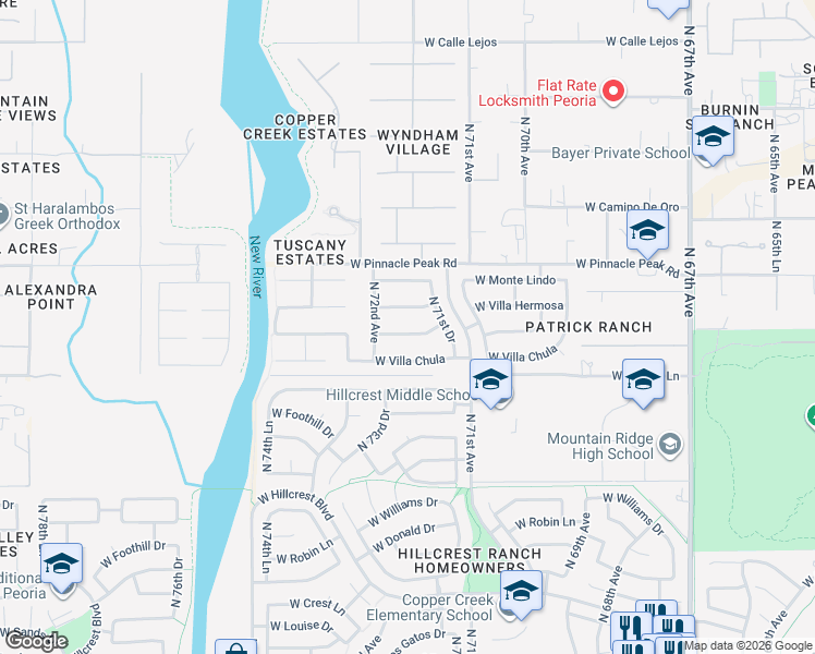 map of restaurants, bars, coffee shops, grocery stores, and more near 7146 West Planada Lane in Glendale