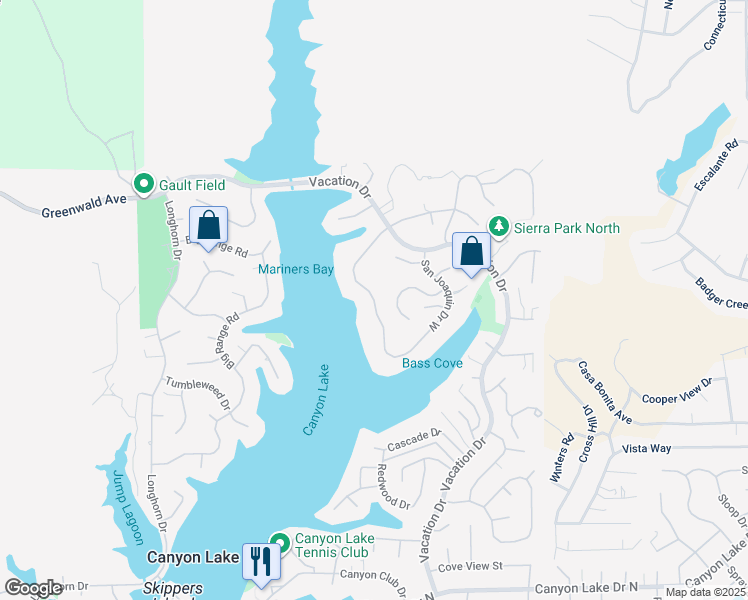 map of restaurants, bars, coffee shops, grocery stores, and more near San Joaquin Drive West in Canyon Lake