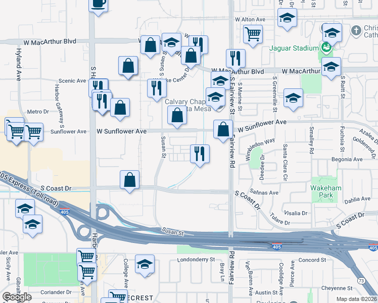 map of restaurants, bars, coffee shops, grocery stores, and more near 1332 Corte Venosa in Costa Mesa