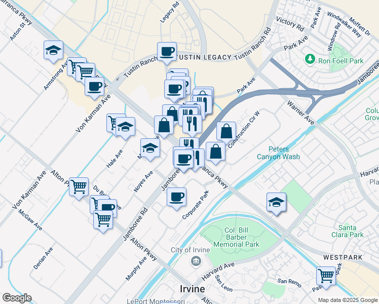 map of restaurants, bars, coffee shops, grocery stores, and more near Jamboree Rd & Barranca Pkwy in Irvine