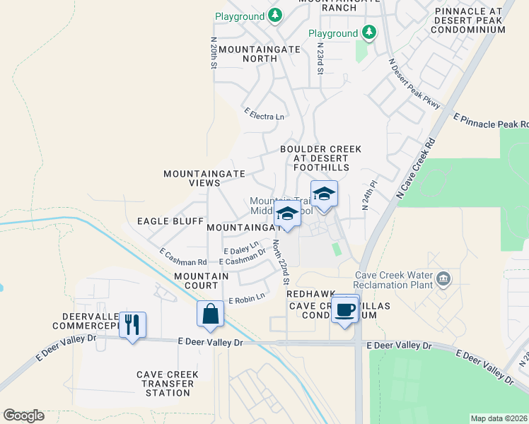 map of restaurants, bars, coffee shops, grocery stores, and more near 22827 North 21st Way in Phoenix
