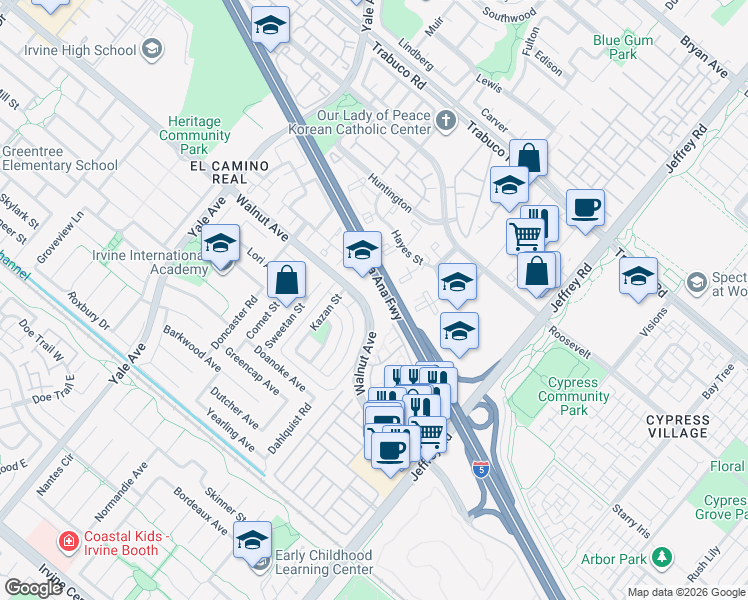 map of restaurants, bars, coffee shops, grocery stores, and more near 5101 Walnut Avenue in Irvine