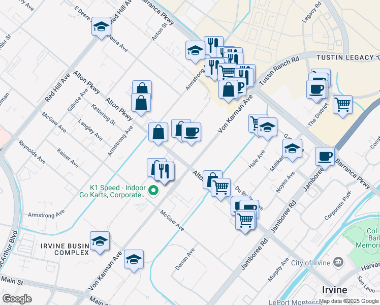 map of restaurants, bars, coffee shops, grocery stores, and more near 16905 Von Karman Avenue in Irvine