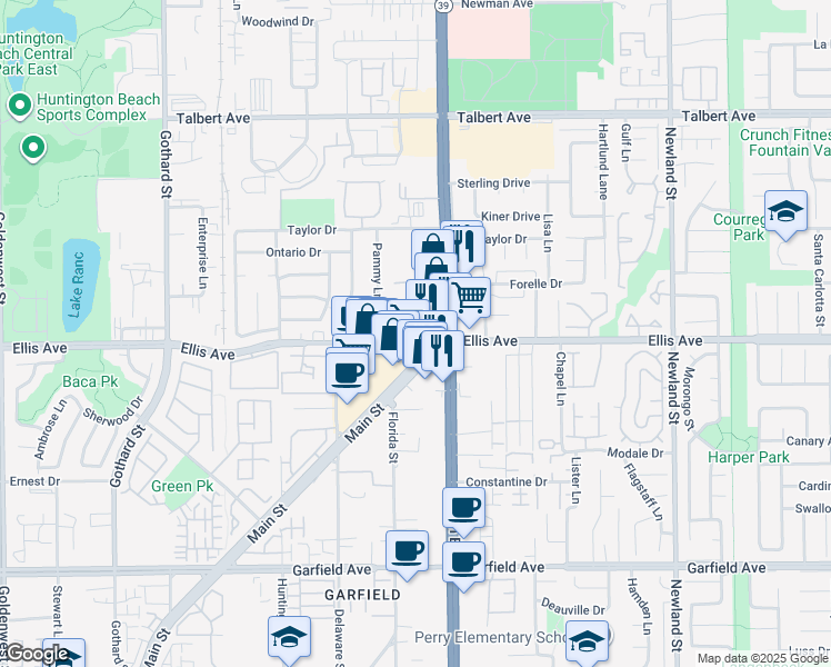 map of restaurants, bars, coffee shops, grocery stores, and more near 18442 Steep Lane in Huntington Beach