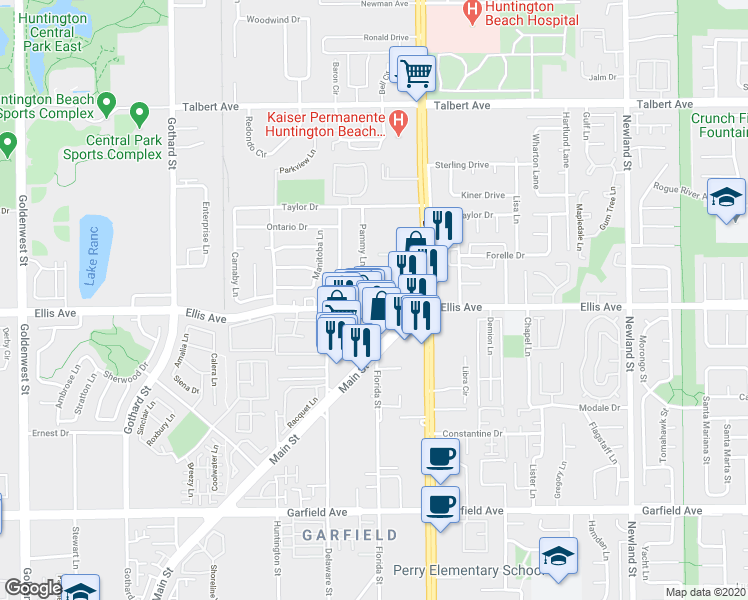 map of restaurants, bars, coffee shops, grocery stores, and more near 7832 Franklin Drive in Huntington Beach