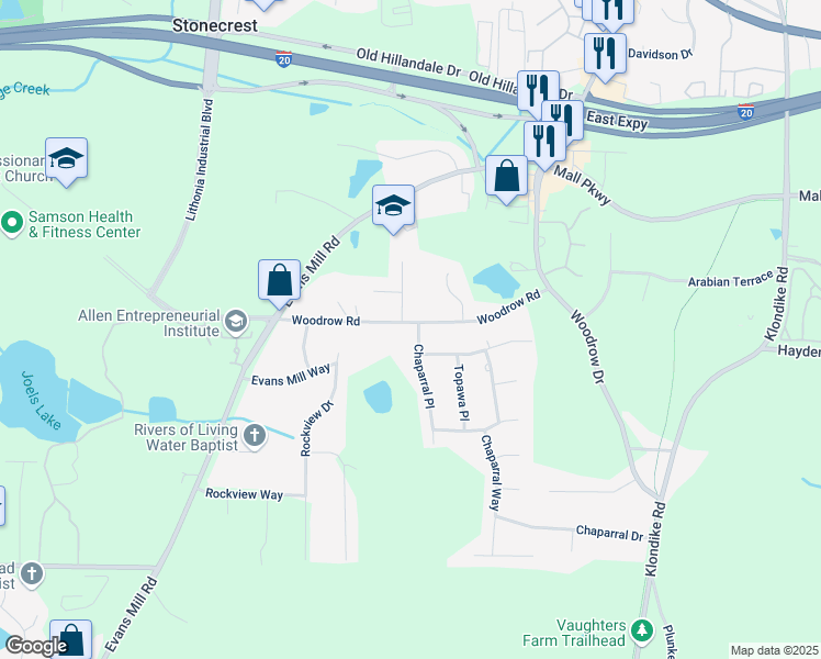 map of restaurants, bars, coffee shops, grocery stores, and more near 6595 Woodrow Road in Stonecrest