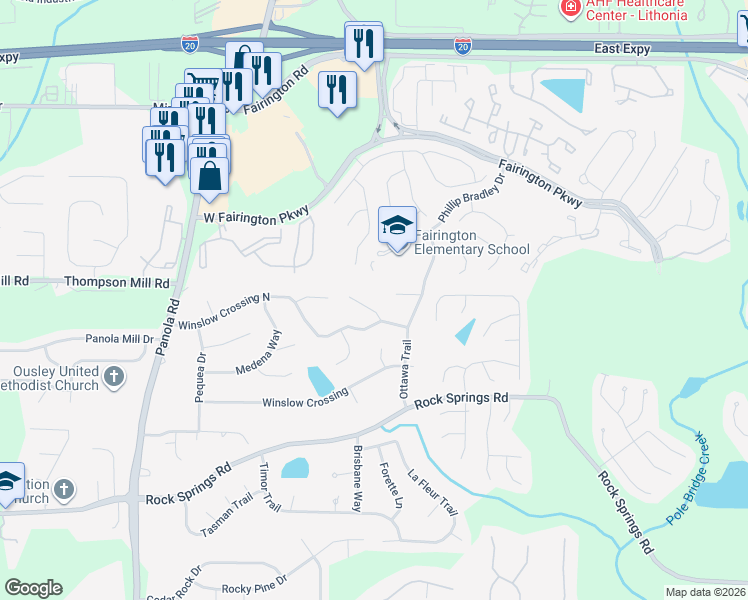 map of restaurants, bars, coffee shops, grocery stores, and more near 3078 Herscu Way in Stonecrest