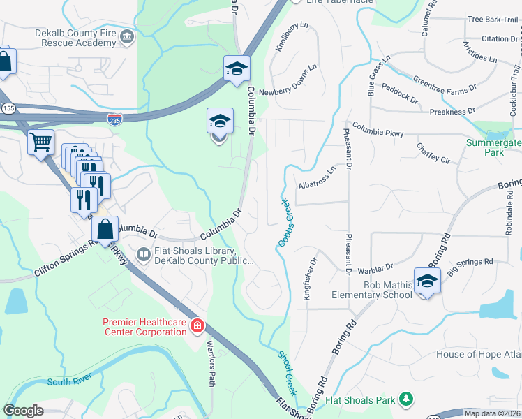 map of restaurants, bars, coffee shops, grocery stores, and more near 3096 Springside Crossing in Decatur