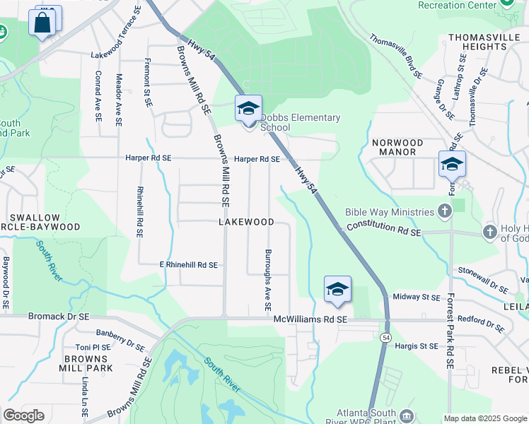 map of restaurants, bars, coffee shops, grocery stores, and more near 2195 Burroughs Avenue Southeast in Atlanta
