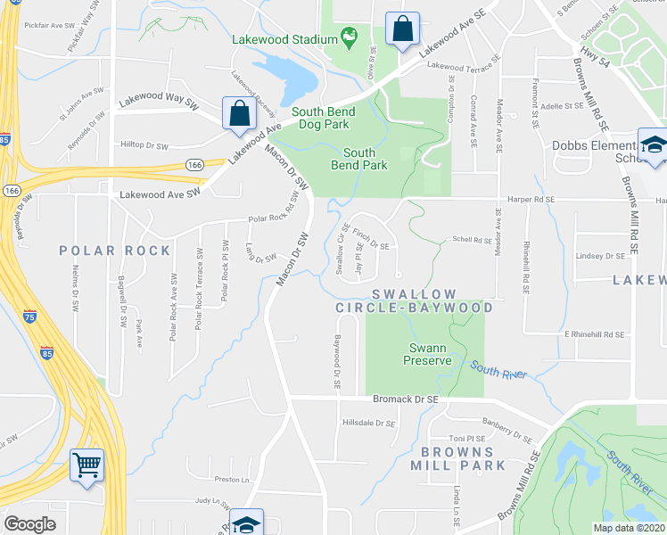 map of restaurants, bars, coffee shops, grocery stores, and more near 2290 Swallow Circle Southeast in Atlanta