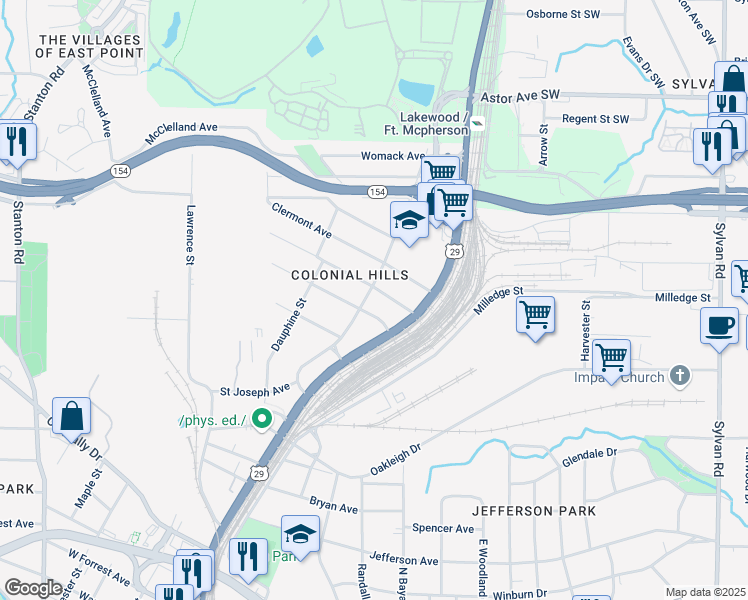 map of restaurants, bars, coffee shops, grocery stores, and more near 2220 Newnan Street in East Point