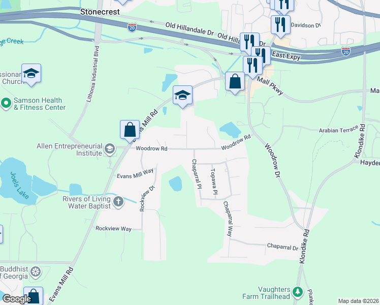 map of restaurants, bars, coffee shops, grocery stores, and more near 6595 Woodrow Road in Stonecrest