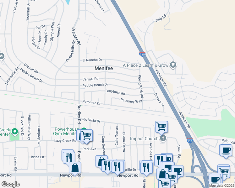 map of restaurants, bars, coffee shops, grocery stores, and more near 27297 Terrytown Road in Menifee