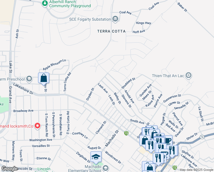 map of restaurants, bars, coffee shops, grocery stores, and more near 16427 Bailey Street in Lake Elsinore