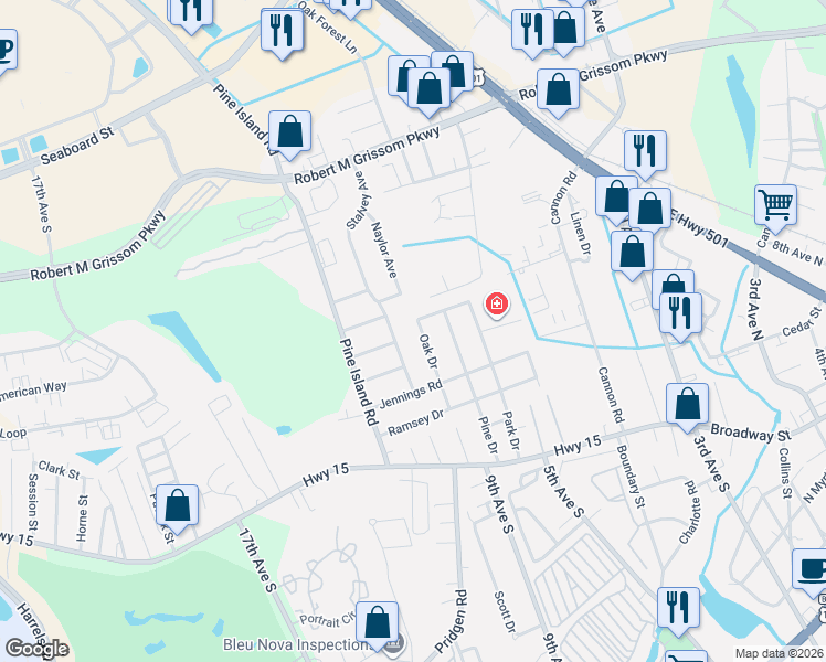 map of restaurants, bars, coffee shops, grocery stores, and more near 580 Cedar Drive in Myrtle Beach