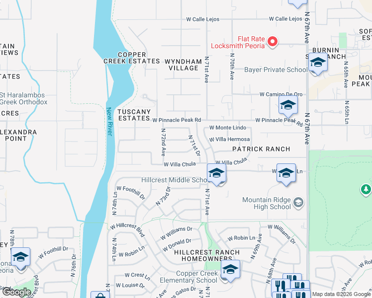 map of restaurants, bars, coffee shops, grocery stores, and more near 7134 West Planada Lane in Glendale