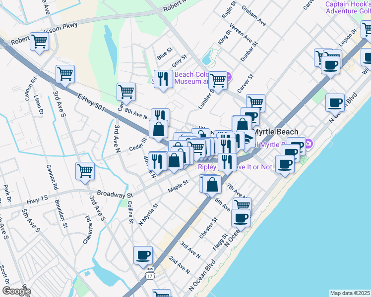 map of restaurants, bars, coffee shops, grocery stores, and more near 900 U.S. 501 in Myrtle Beach