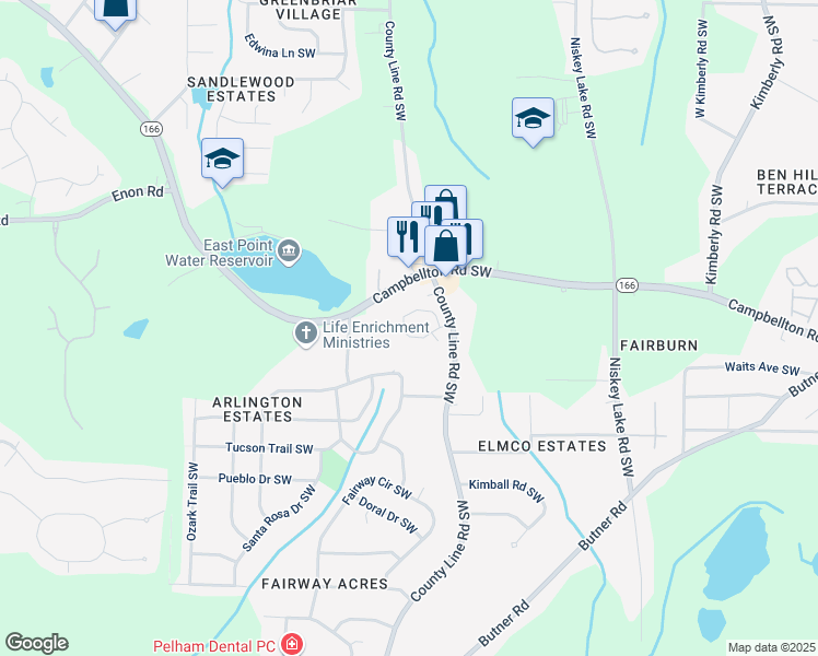 map of restaurants, bars, coffee shops, grocery stores, and more near 4257 Notting Hill Drive Southwest in Atlanta