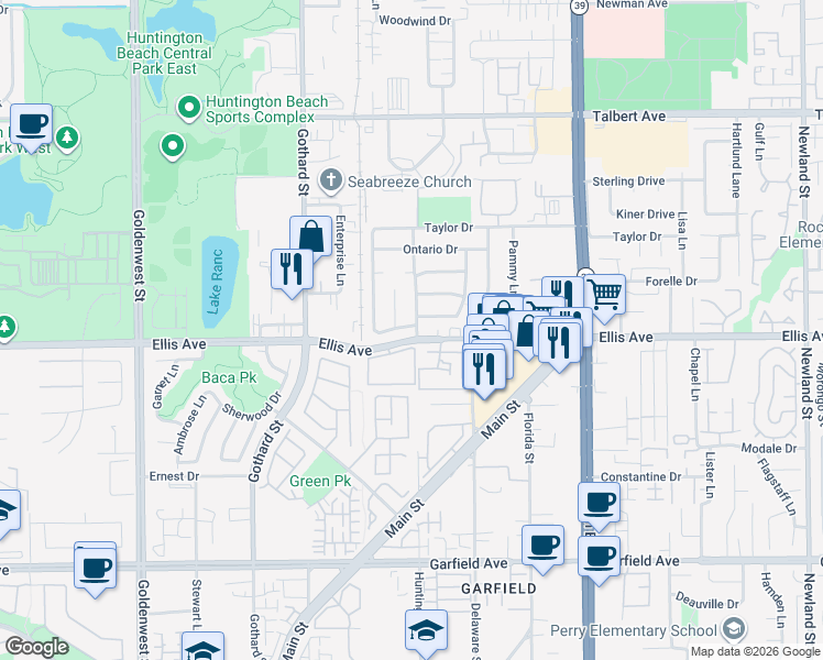map of restaurants, bars, coffee shops, grocery stores, and more near 7612 Appleby Drive in Huntington Beach
