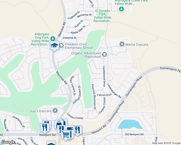 map of restaurants, bars, coffee shops, grocery stores, and more near 29355 Grand Vista Avenue in Menifee