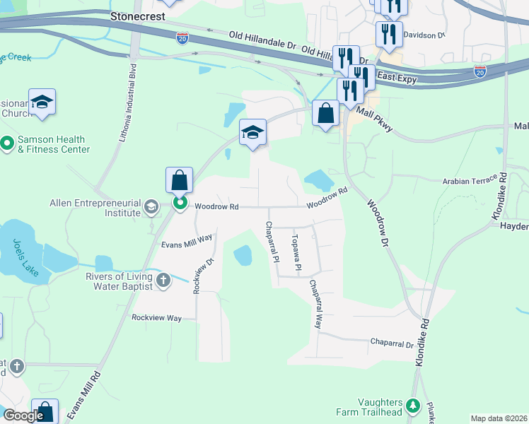 map of restaurants, bars, coffee shops, grocery stores, and more near 6595 Woodrow Road in Stonecrest