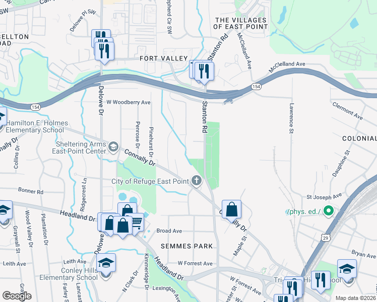 map of restaurants, bars, coffee shops, grocery stores, and more near 2186 Pointview Drive in East Point