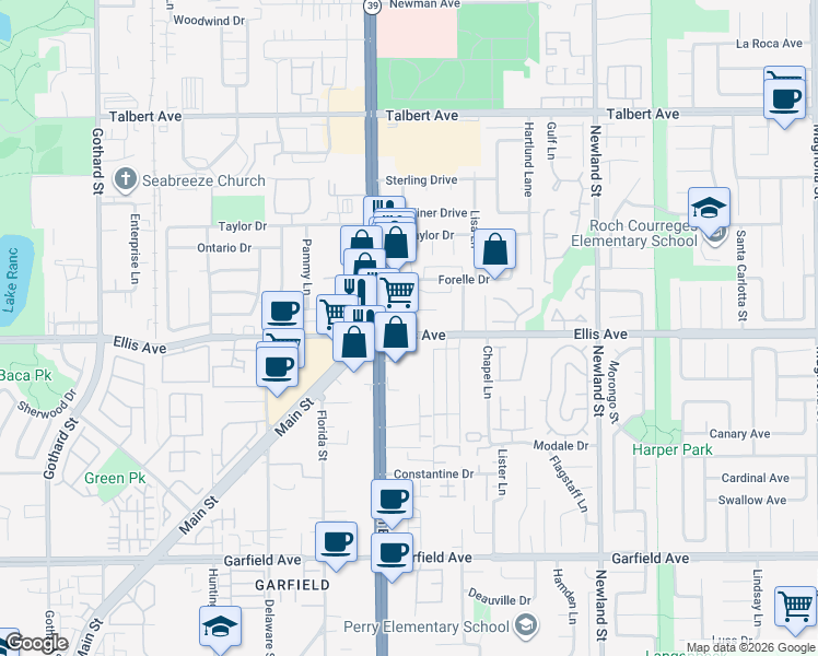 map of restaurants, bars, coffee shops, grocery stores, and more near 18443 Patterson Lane in Huntington Beach