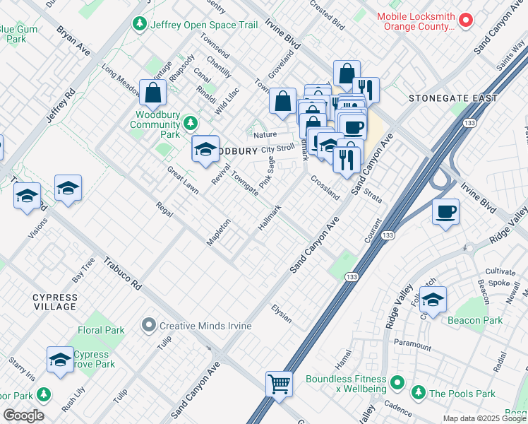 map of restaurants, bars, coffee shops, grocery stores, and more near 77 Hallmark in Irvine