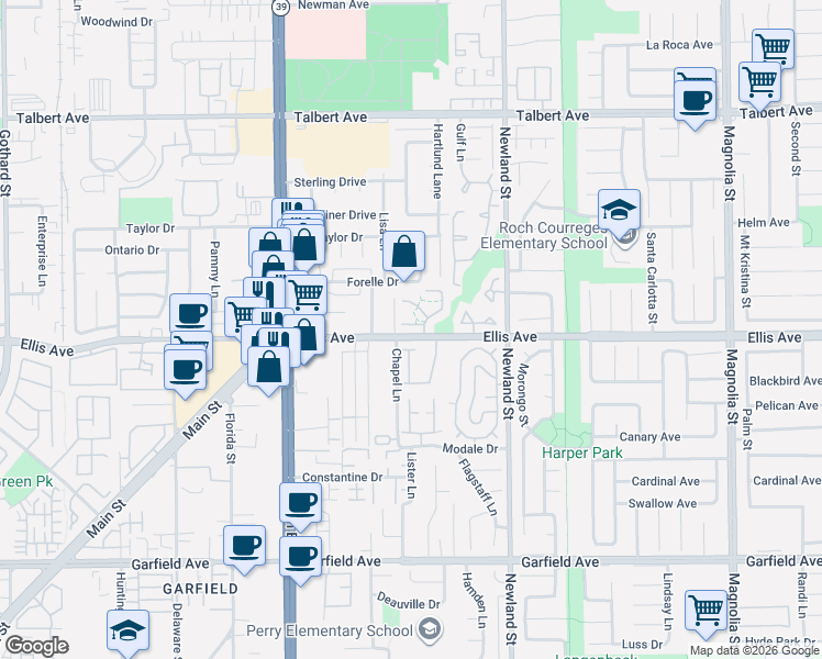 map of restaurants, bars, coffee shops, grocery stores, and more near 8282 Delfino Circle in Huntington Beach