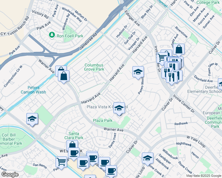 map of restaurants, bars, coffee shops, grocery stores, and more near 66 Avanzare in Irvine