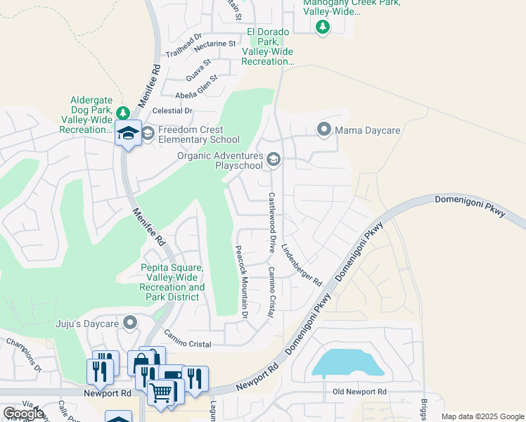 map of restaurants, bars, coffee shops, grocery stores, and more near 29470 Grand Vista Avenue in Menifee
