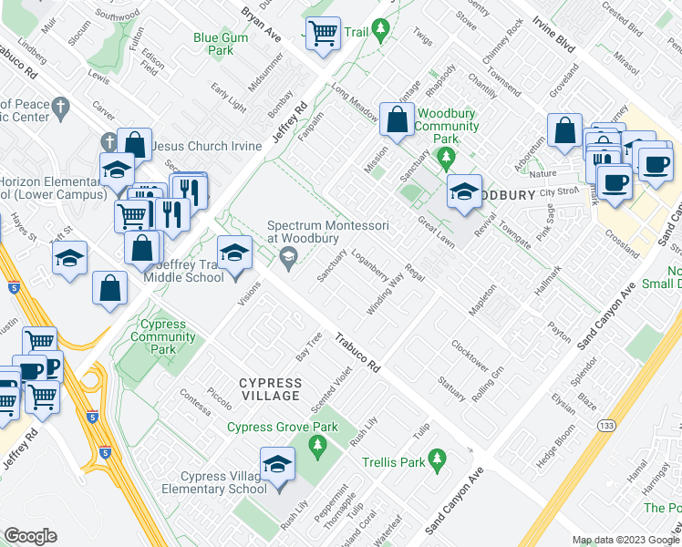 map of restaurants, bars, coffee shops, grocery stores, and more near 55 Waterspout in Irvine