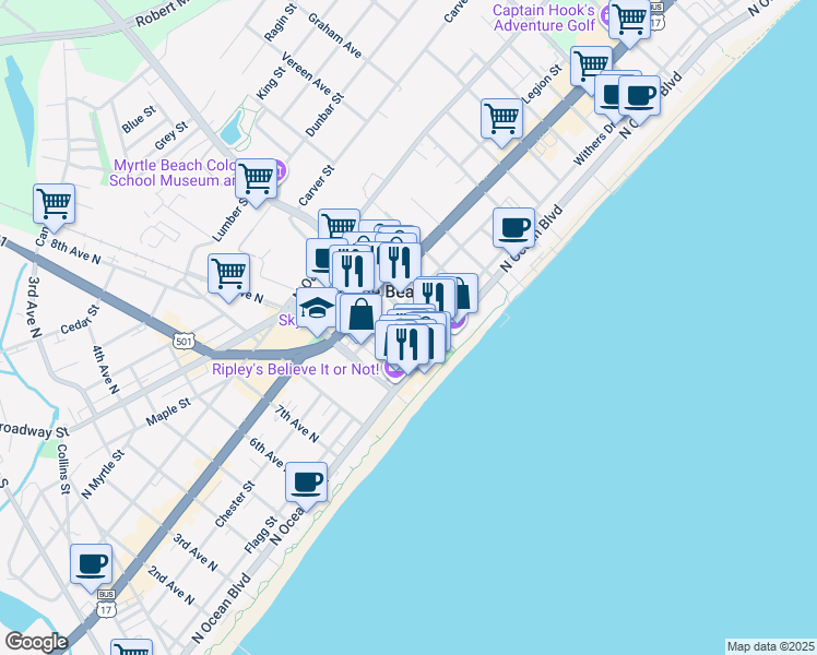 map of restaurants, bars, coffee shops, grocery stores, and more near 301 Mr. Joe White Avenue in Myrtle Beach