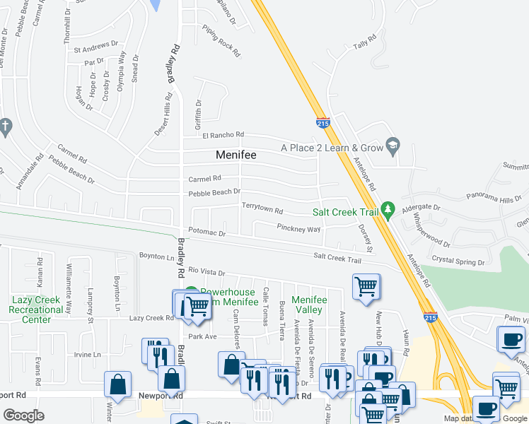 map of restaurants, bars, coffee shops, grocery stores, and more near 27297 Terrytown Road in Menifee