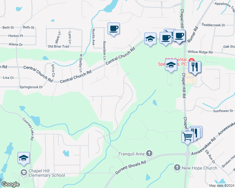 map of restaurants, bars, coffee shops, grocery stores, and more near 4566 Town Manor Drive in Douglasville